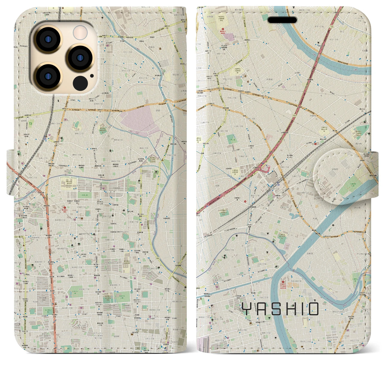 【八潮】地図柄iPhoneケース（手帳両面タイプ・ナチュラル）iPhone 12 Pro Max 用