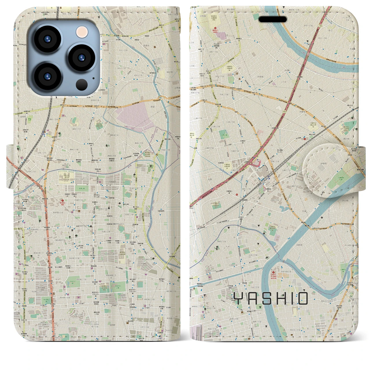 【八潮】地図柄iPhoneケース（手帳両面タイプ・ナチュラル）iPhone 13 Pro Max 用