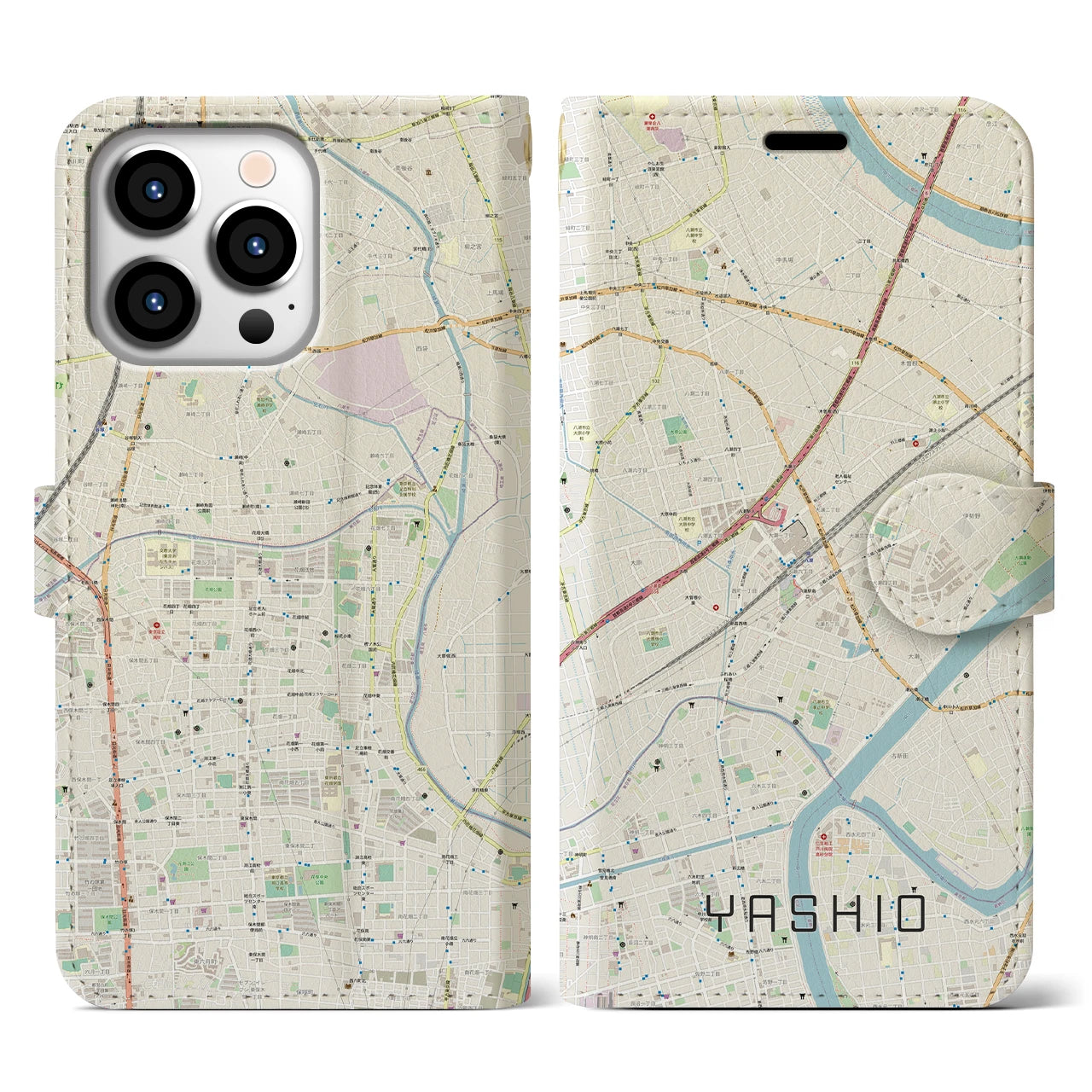 【八潮】地図柄iPhoneケース（手帳両面タイプ・ナチュラル）iPhone 13 Pro 用