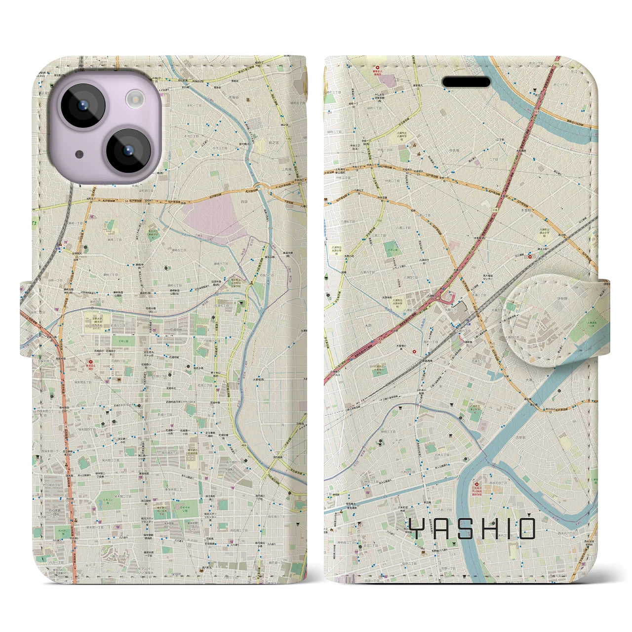 【八潮】地図柄iPhoneケース（手帳両面タイプ・ナチュラル）iPhone 14 用