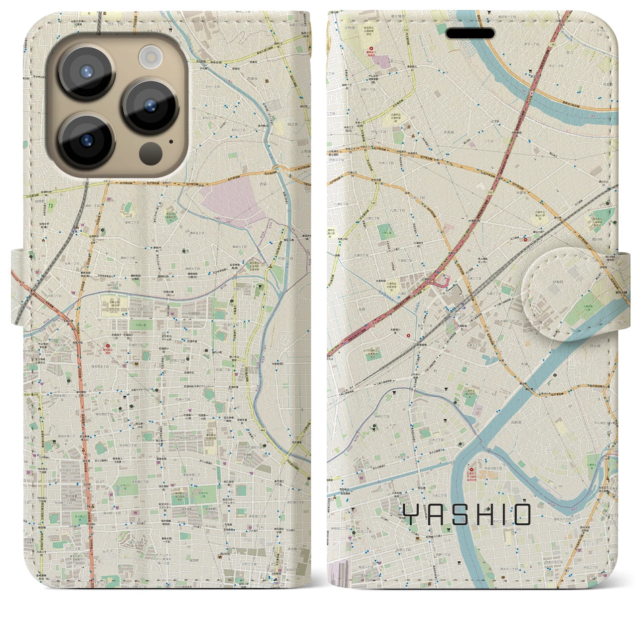 【八潮】地図柄iPhoneケース（手帳両面タイプ・ナチュラル）iPhone 14 Pro Max 用