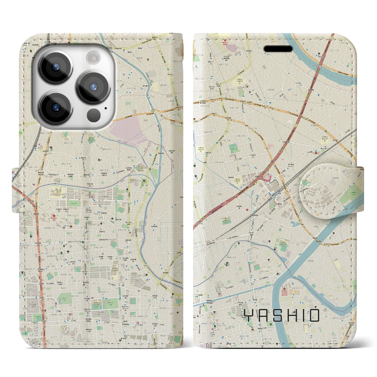 【八潮】地図柄iPhoneケース（手帳両面タイプ・ナチュラル）iPhone 14 Pro 用