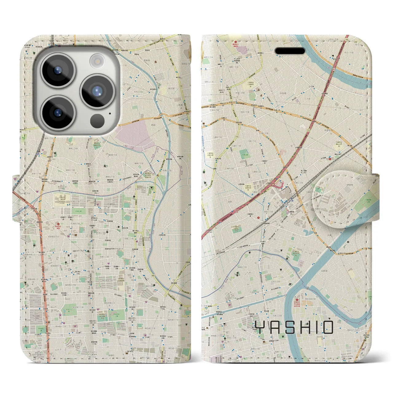 【八潮】地図柄iPhoneケース（手帳両面タイプ・ナチュラル）iPhone 15 Pro 用
