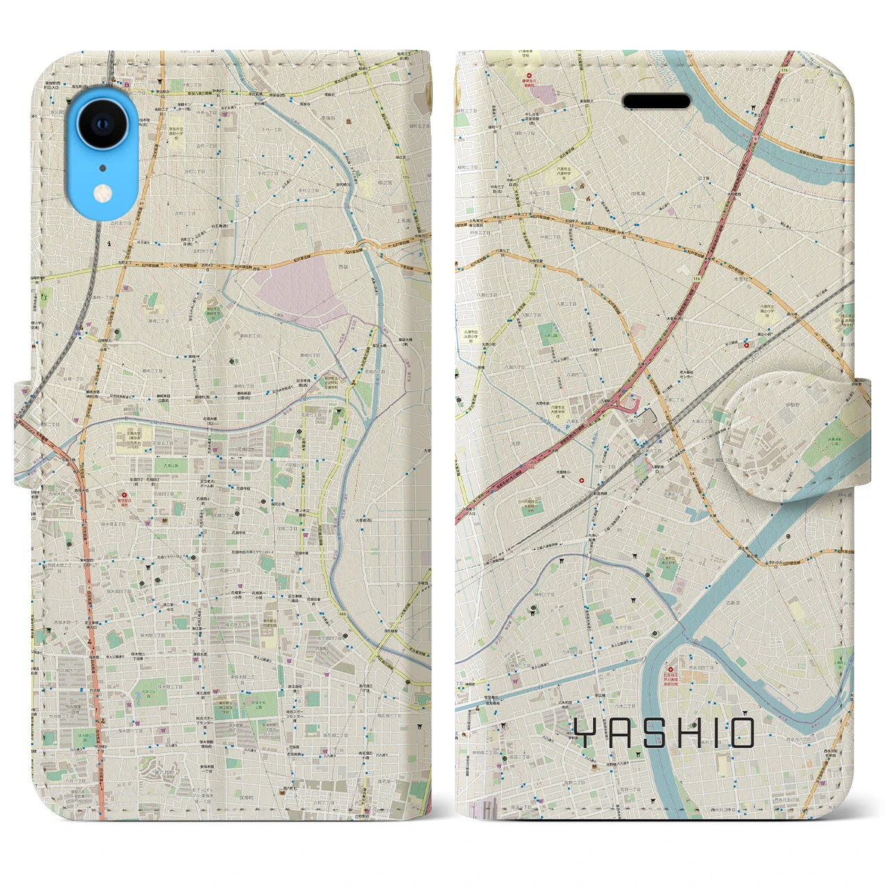 【八潮】地図柄iPhoneケース（手帳両面タイプ・ナチュラル）iPhone XR 用