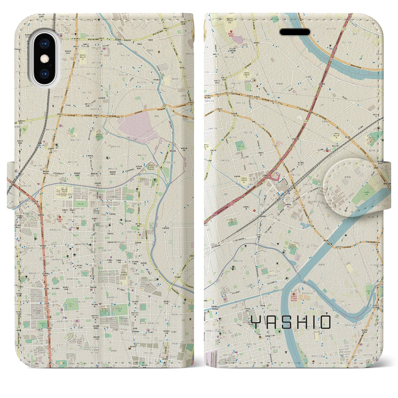 【八潮】地図柄iPhoneケース（手帳両面タイプ・ナチュラル）iPhone XS Max 用