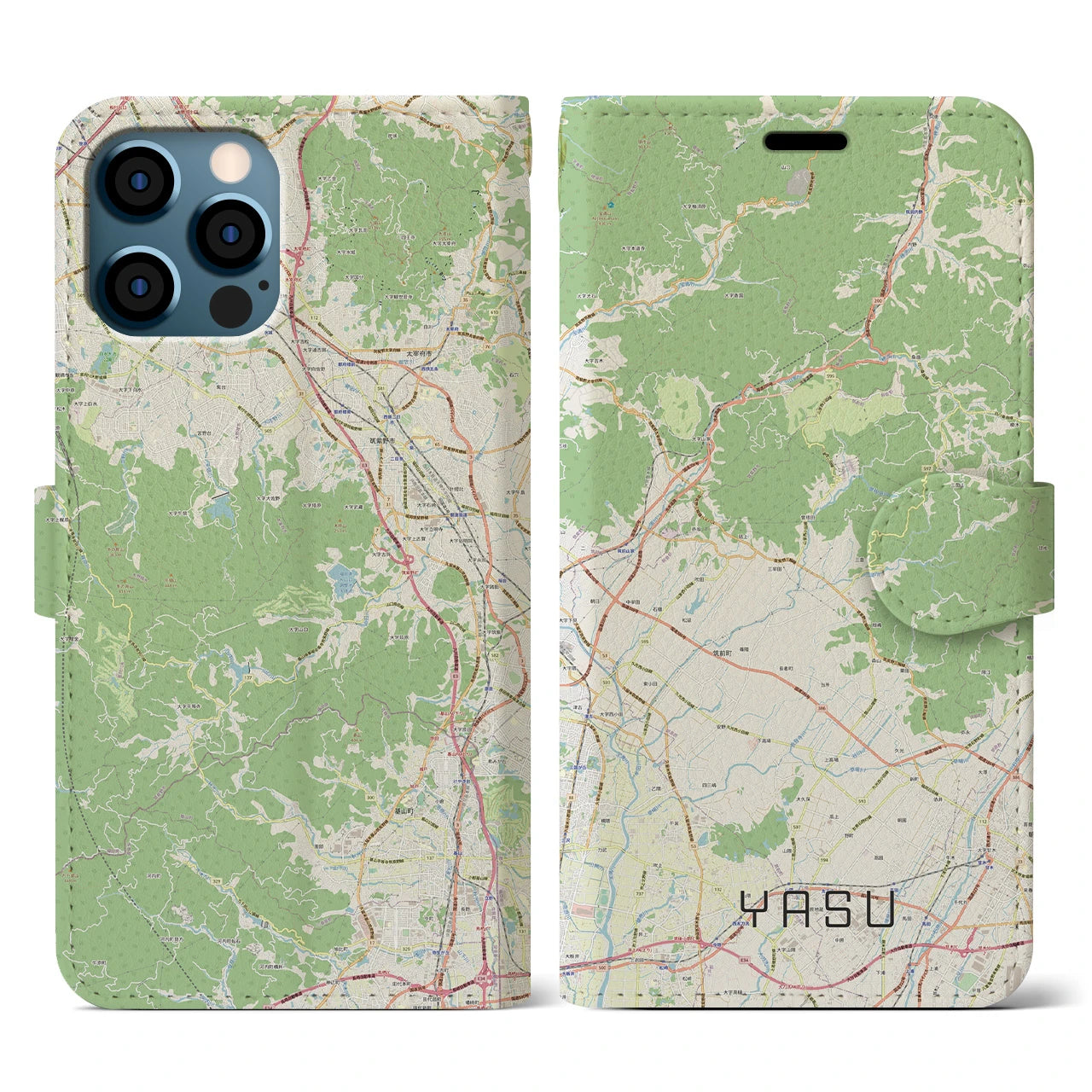 【夜須】地図柄iPhoneケース（手帳両面タイプ・ナチュラル）iPhone 12 / 12 Pro 用