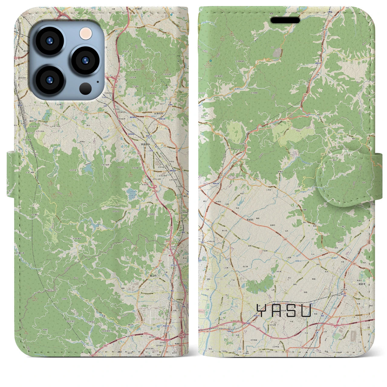 【夜須】地図柄iPhoneケース（手帳両面タイプ・ナチュラル）iPhone 13 Pro Max 用