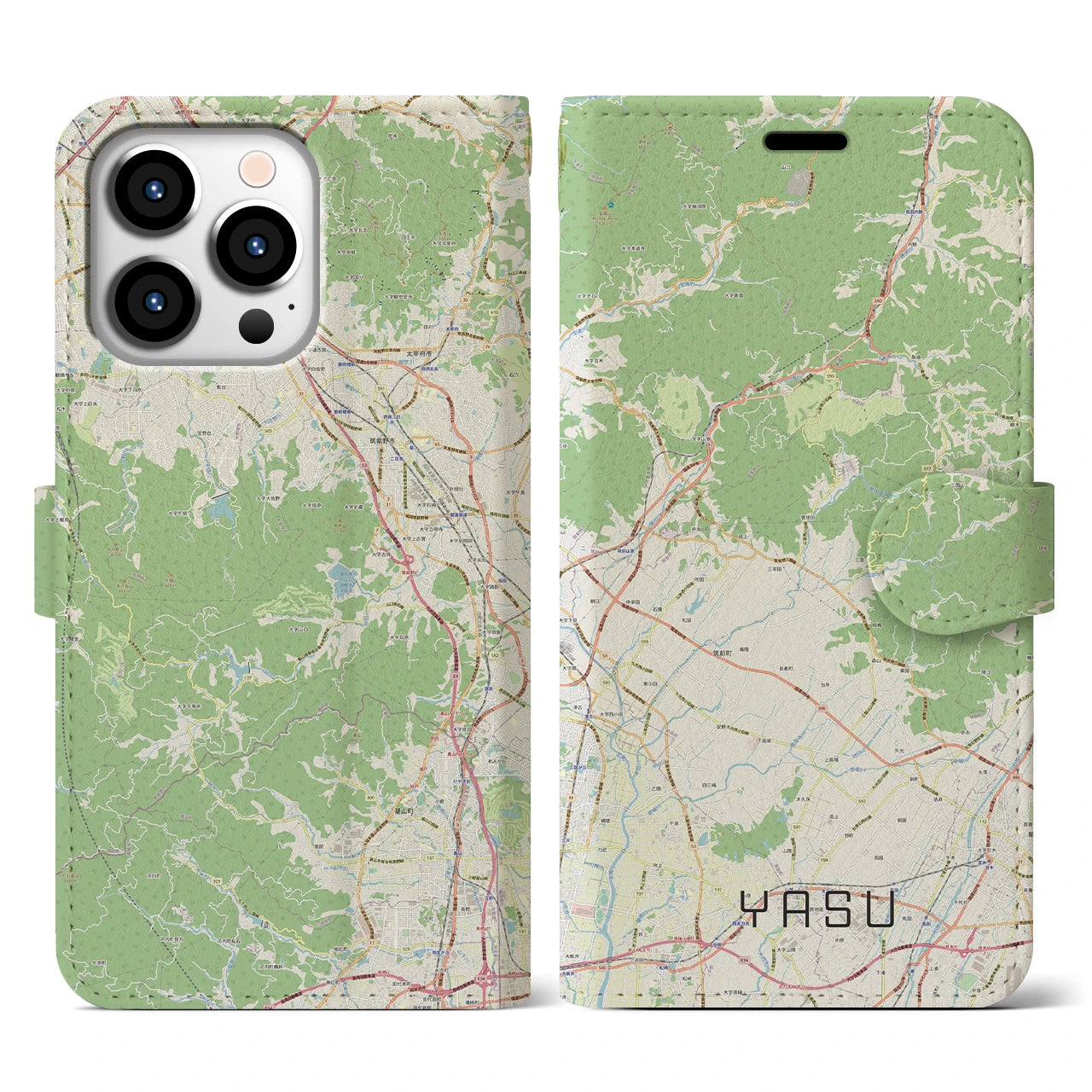 【夜須】地図柄iPhoneケース（手帳両面タイプ・ナチュラル）iPhone 13 Pro 用