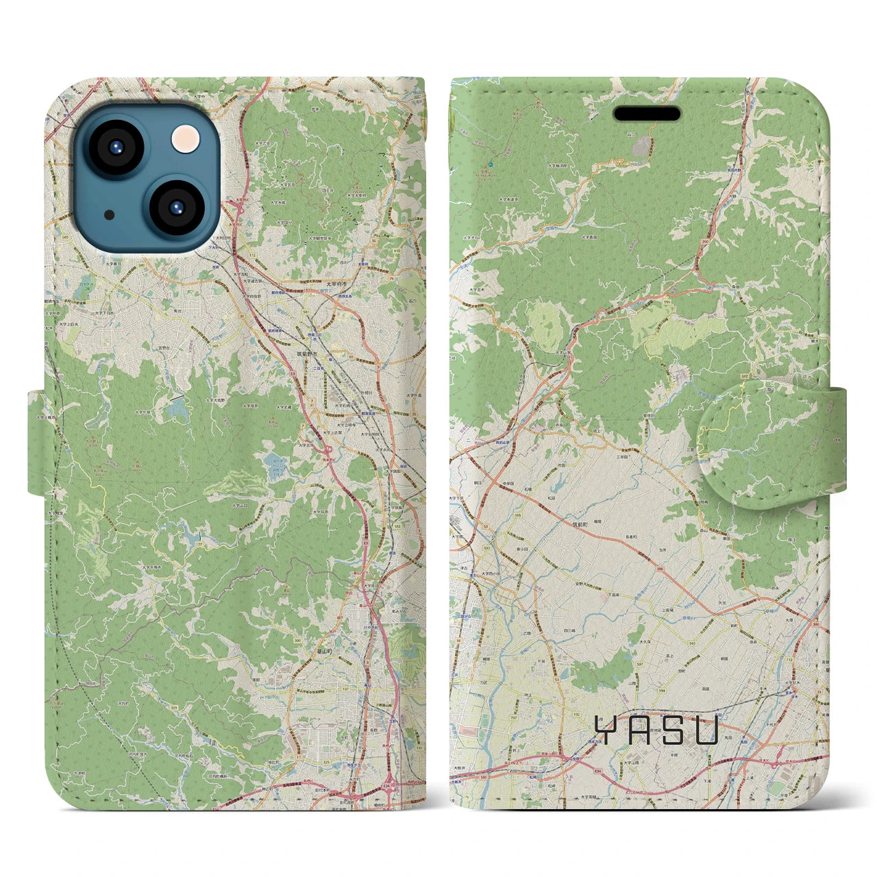 【夜須】地図柄iPhoneケース（手帳両面タイプ・ナチュラル）iPhone 13 用