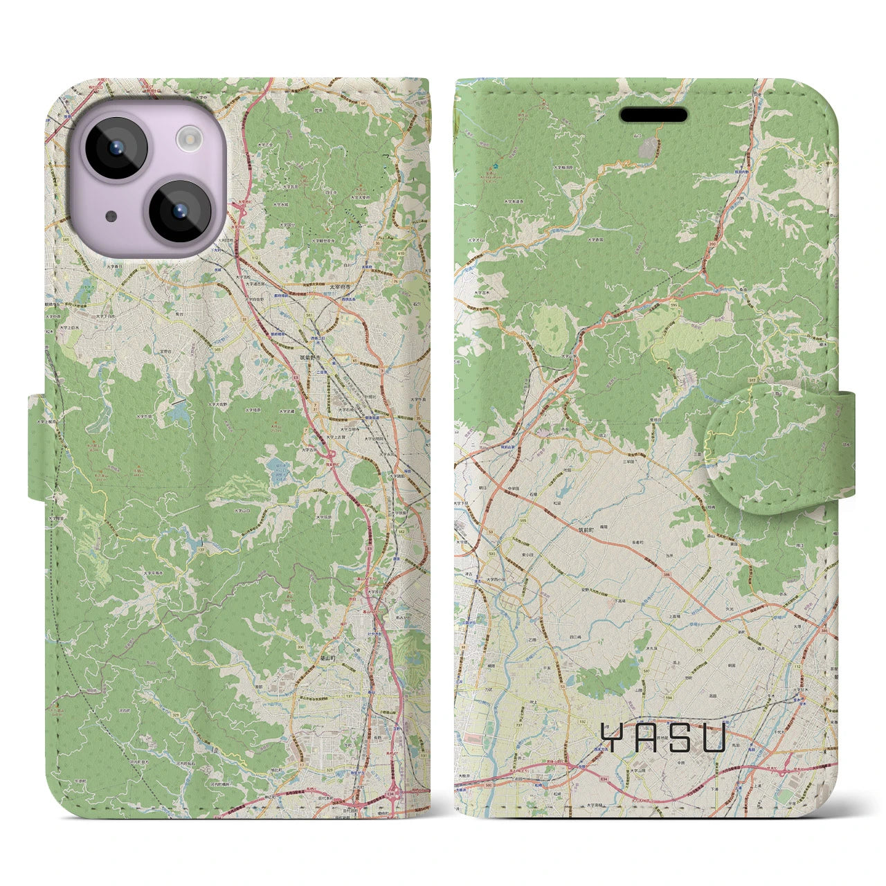 【夜須】地図柄iPhoneケース（手帳両面タイプ・ナチュラル）iPhone 14 用