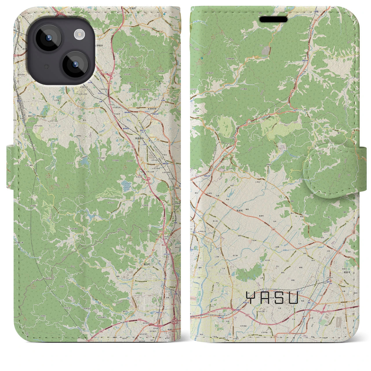 【夜須】地図柄iPhoneケース（手帳両面タイプ・ナチュラル）iPhone 14 Plus 用