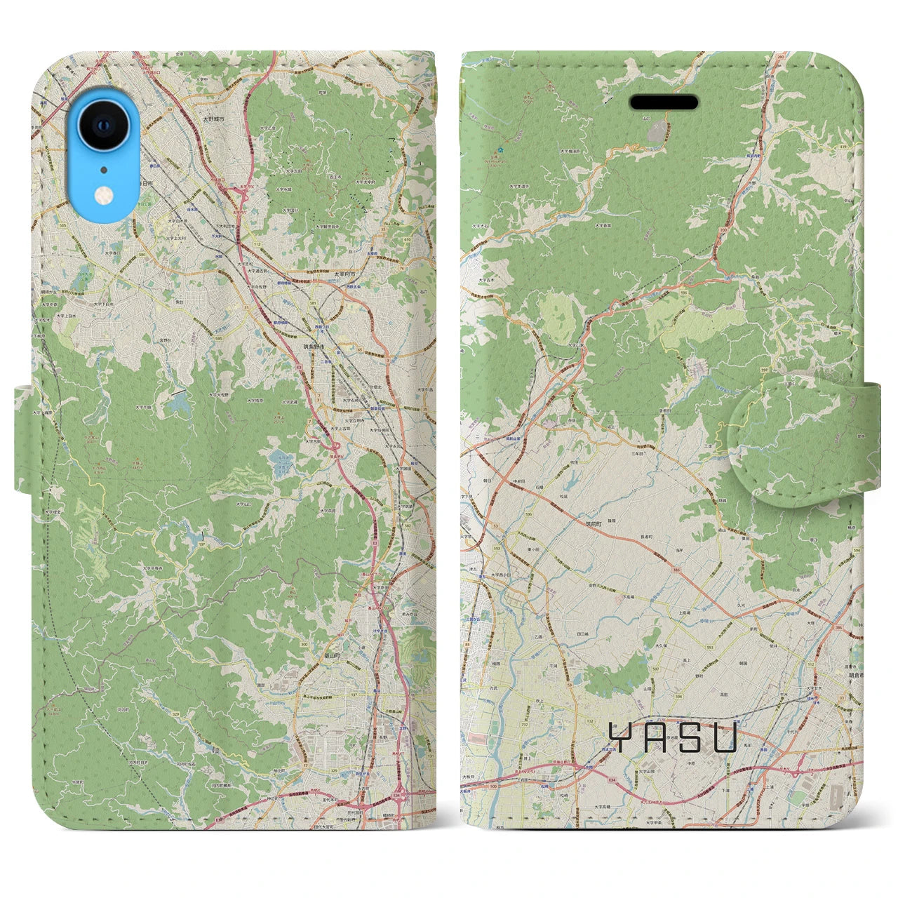 【夜須】地図柄iPhoneケース（手帳両面タイプ・ナチュラル）iPhone XR 用