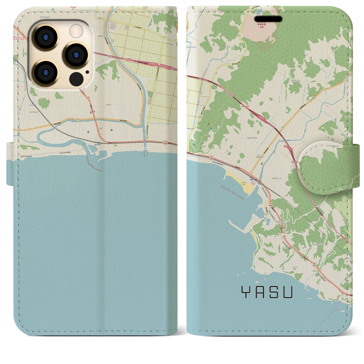 【夜須（高知県）】地図柄iPhoneケース（手帳両面タイプ・ナチュラル）iPhone 12 Pro Max 用