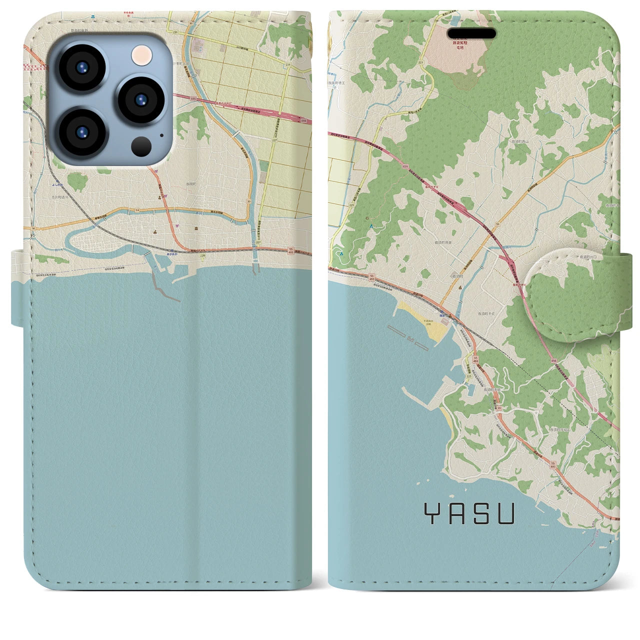 【夜須（高知県）】地図柄iPhoneケース（手帳両面タイプ・ナチュラル）iPhone 13 Pro Max 用