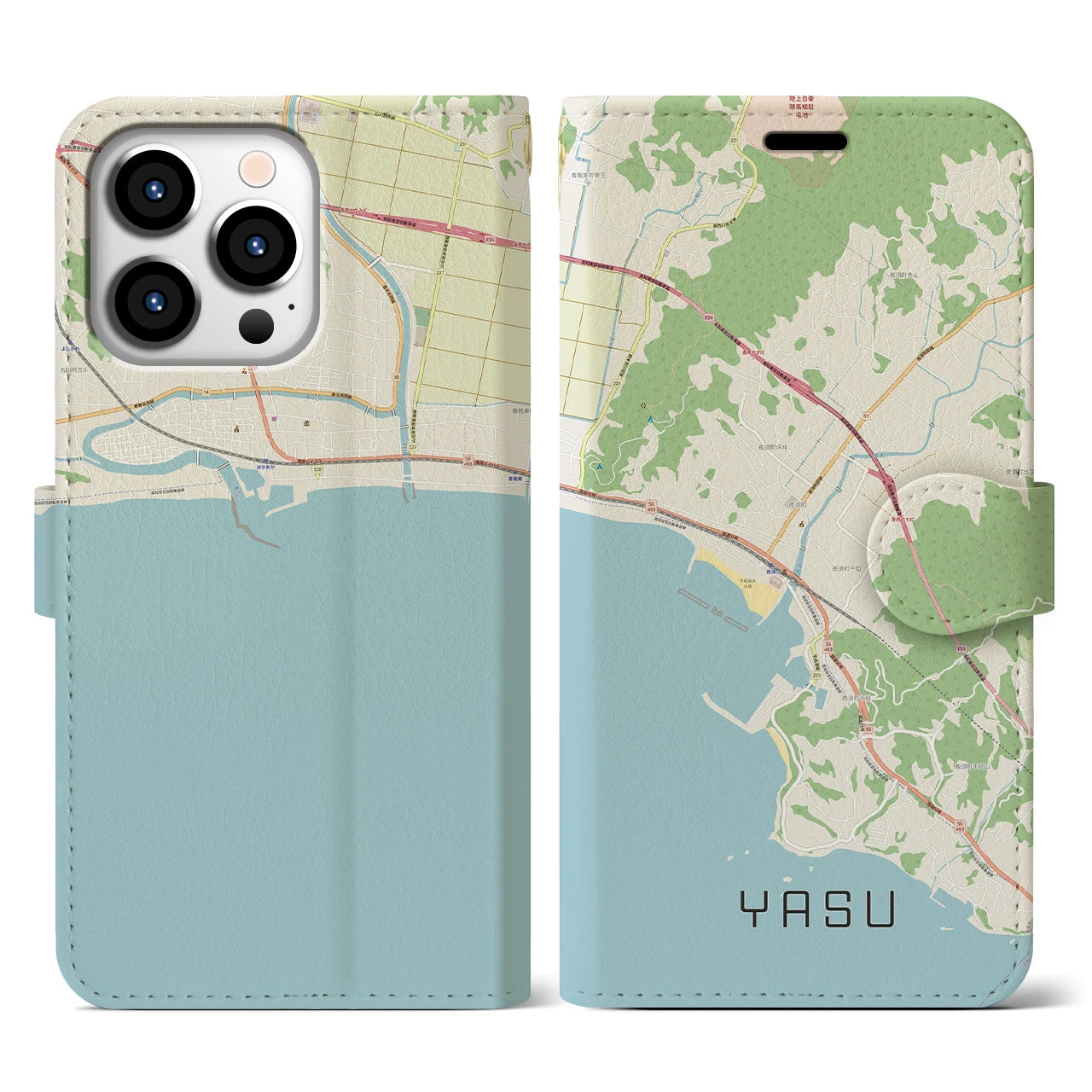 【夜須（高知県）】地図柄iPhoneケース（手帳両面タイプ・ナチュラル）iPhone 13 Pro 用