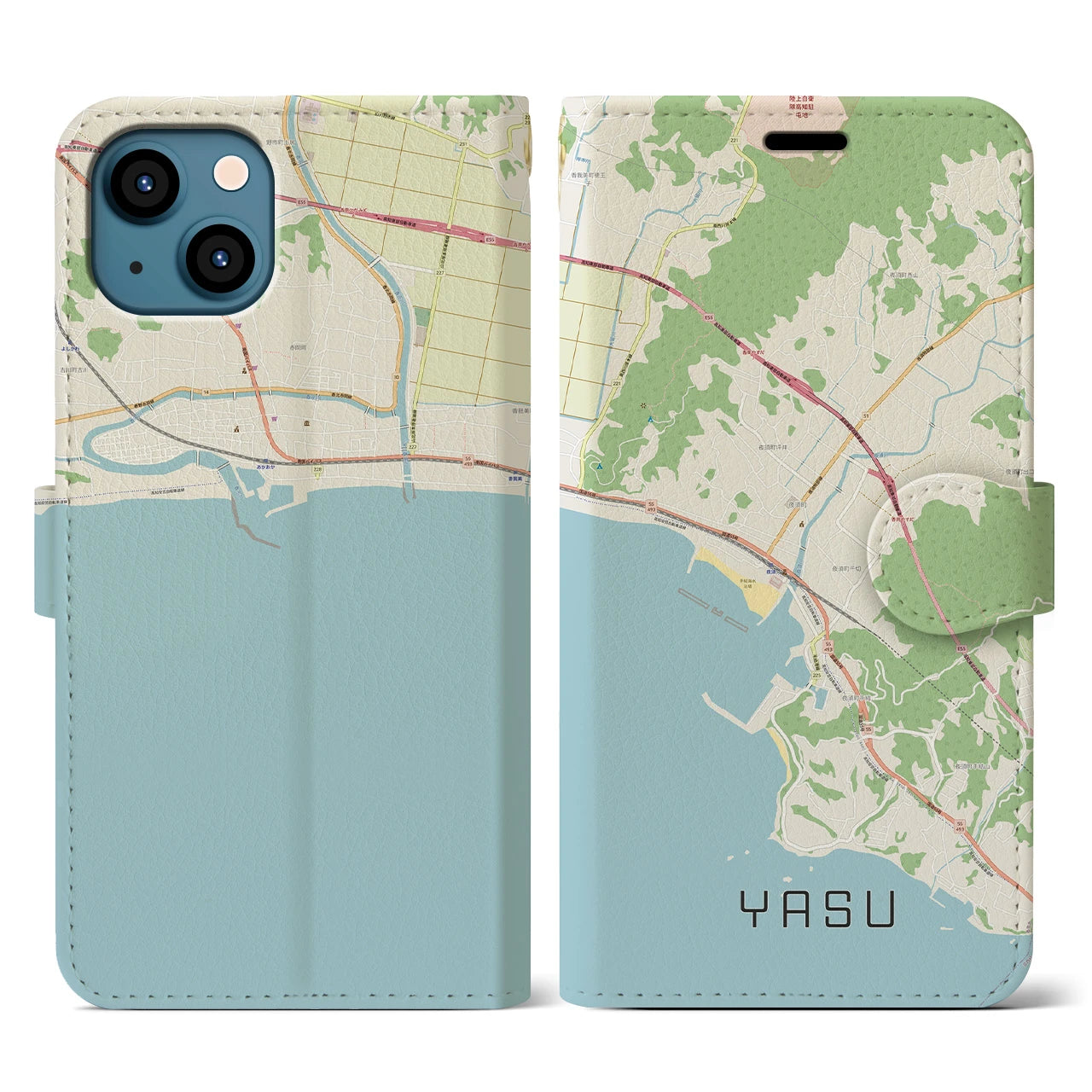【夜須（高知県）】地図柄iPhoneケース（手帳両面タイプ・ナチュラル）iPhone 13 用