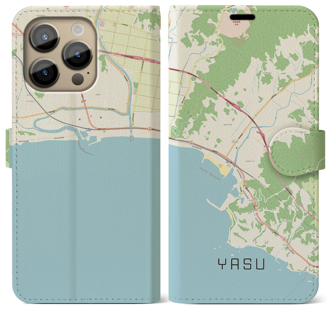 【夜須（高知県）】地図柄iPhoneケース（手帳両面タイプ・ナチュラル）iPhone 14 Pro Max 用