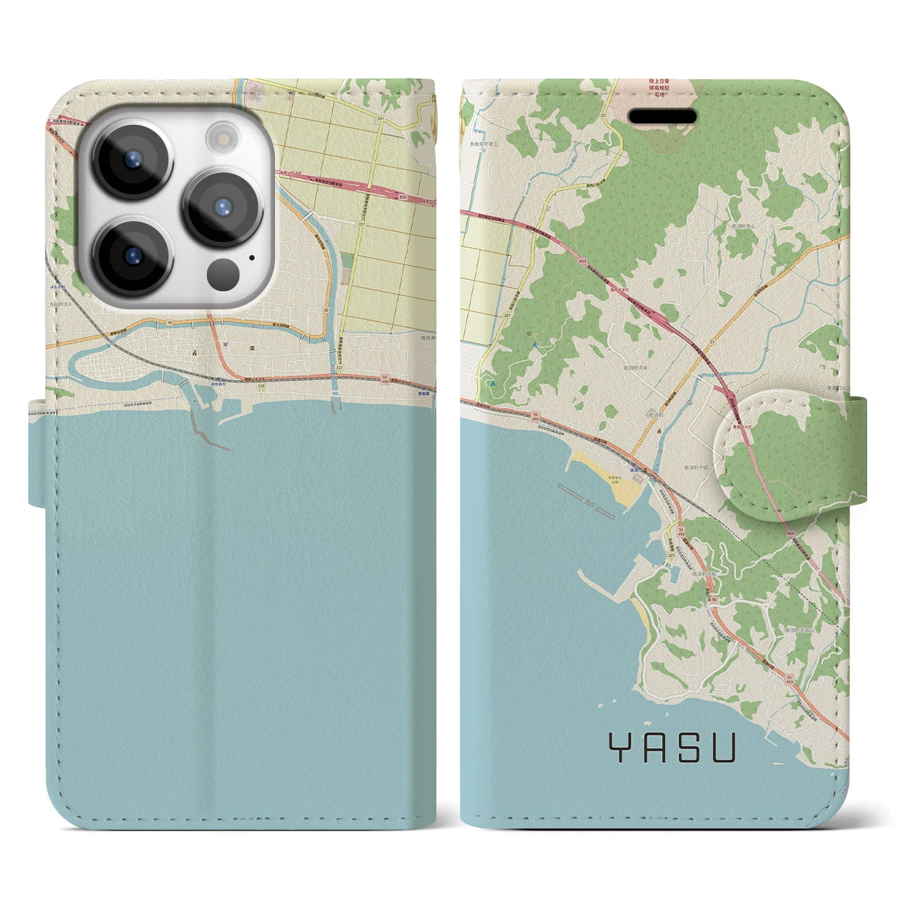 【夜須（高知県）】地図柄iPhoneケース（手帳両面タイプ・ナチュラル）iPhone 14 Pro 用