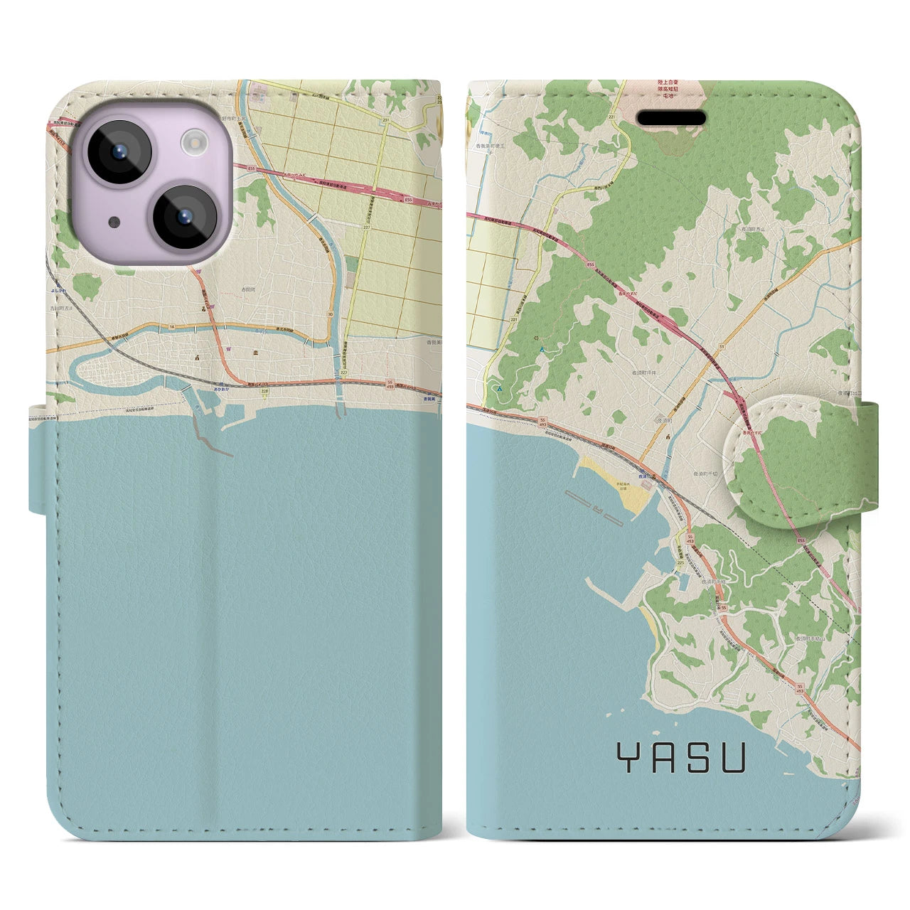 【夜須（高知県）】地図柄iPhoneケース（手帳両面タイプ・ナチュラル）iPhone 14 用