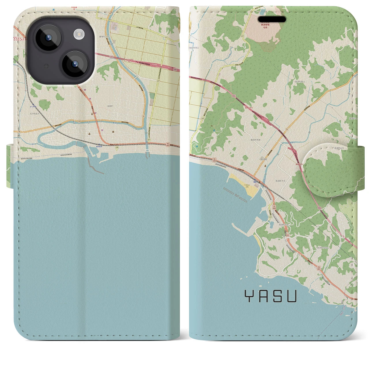 【夜須（高知県）】地図柄iPhoneケース（手帳両面タイプ・ナチュラル）iPhone 14 Plus 用