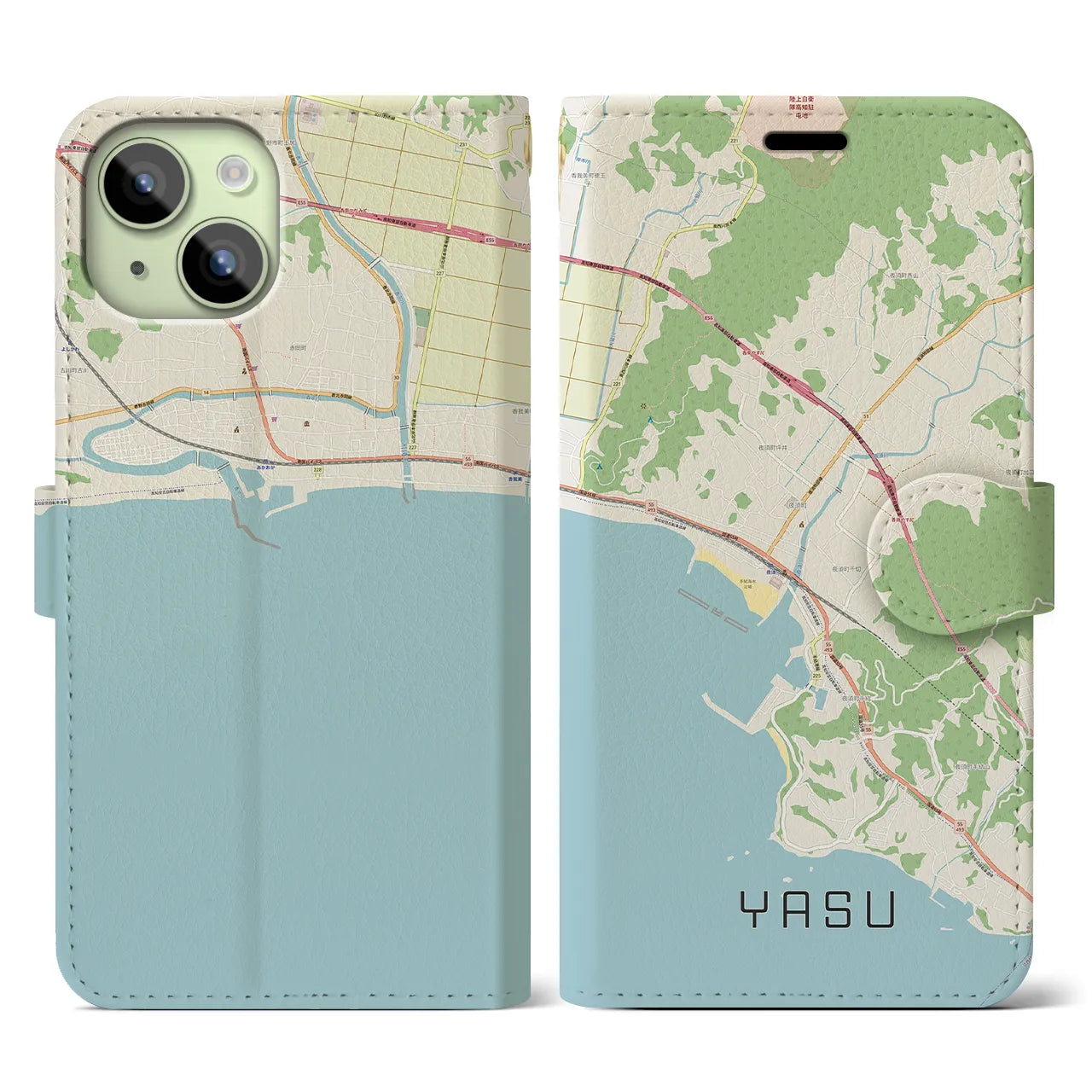 【夜須（高知県）】地図柄iPhoneケース（手帳両面タイプ・ナチュラル）iPhone 15 用
