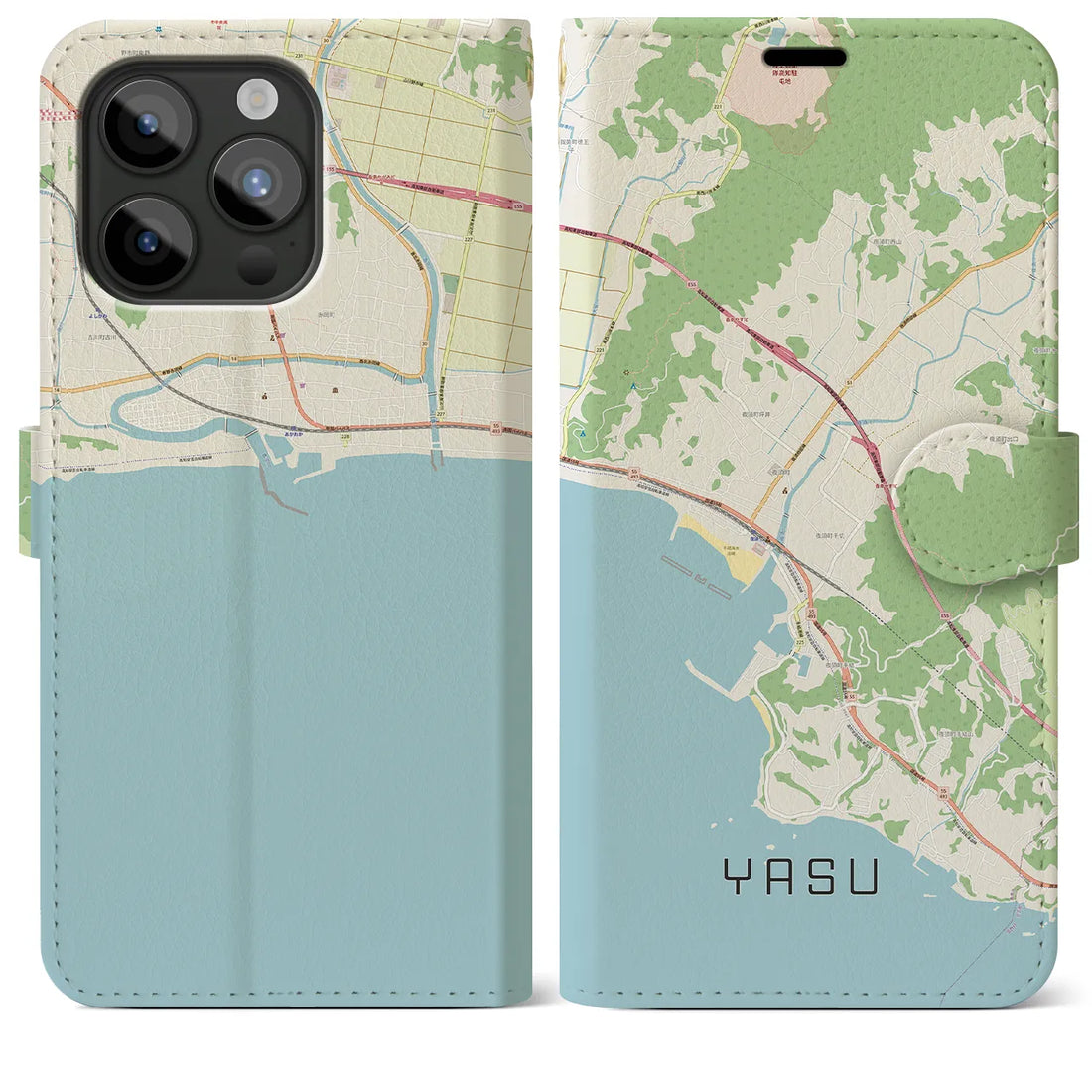 【夜須（高知県）】地図柄iPhoneケース（手帳両面タイプ・ナチュラル）iPhone 15 Pro Max 用