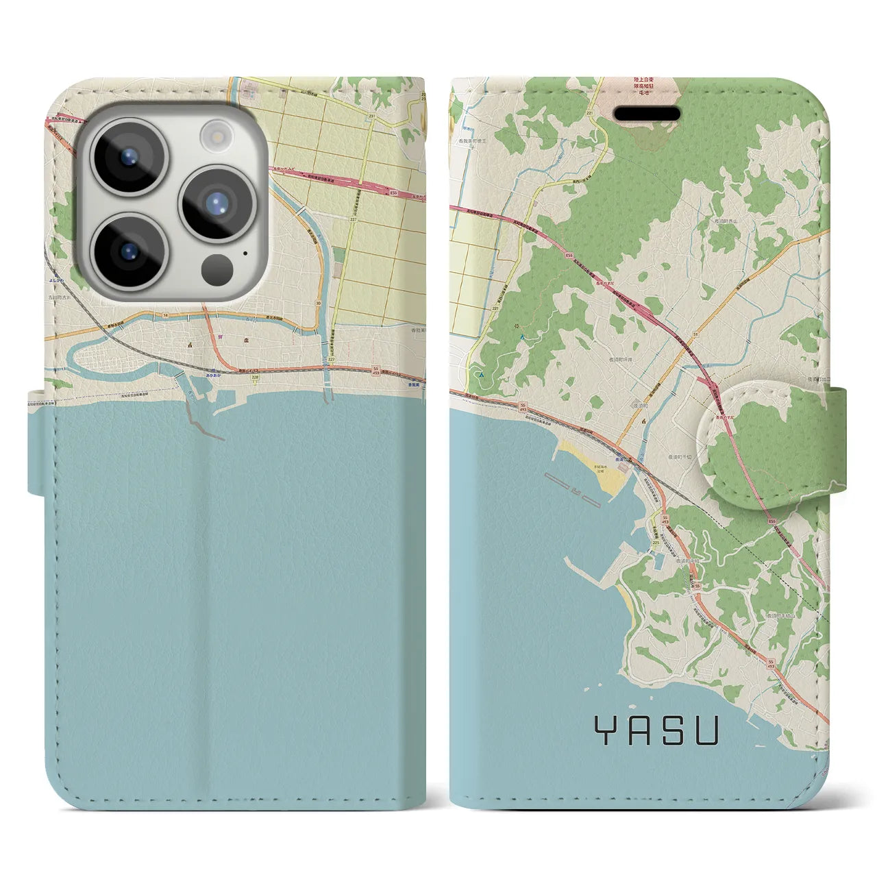 【夜須（高知県）】地図柄iPhoneケース（手帳両面タイプ・ナチュラル）iPhone 15 Pro 用