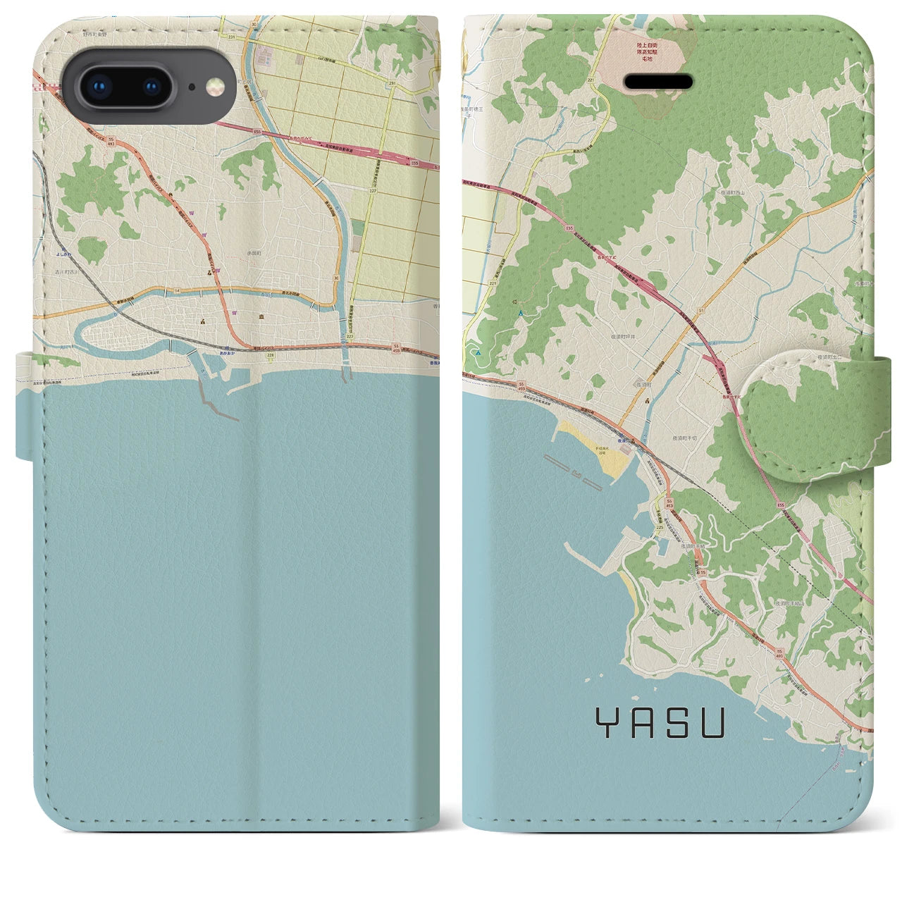 【夜須（高知県）】地図柄iPhoneケース（手帳両面タイプ・ナチュラル）iPhone 8Plus /7Plus / 6sPlus / 6Plus 用
