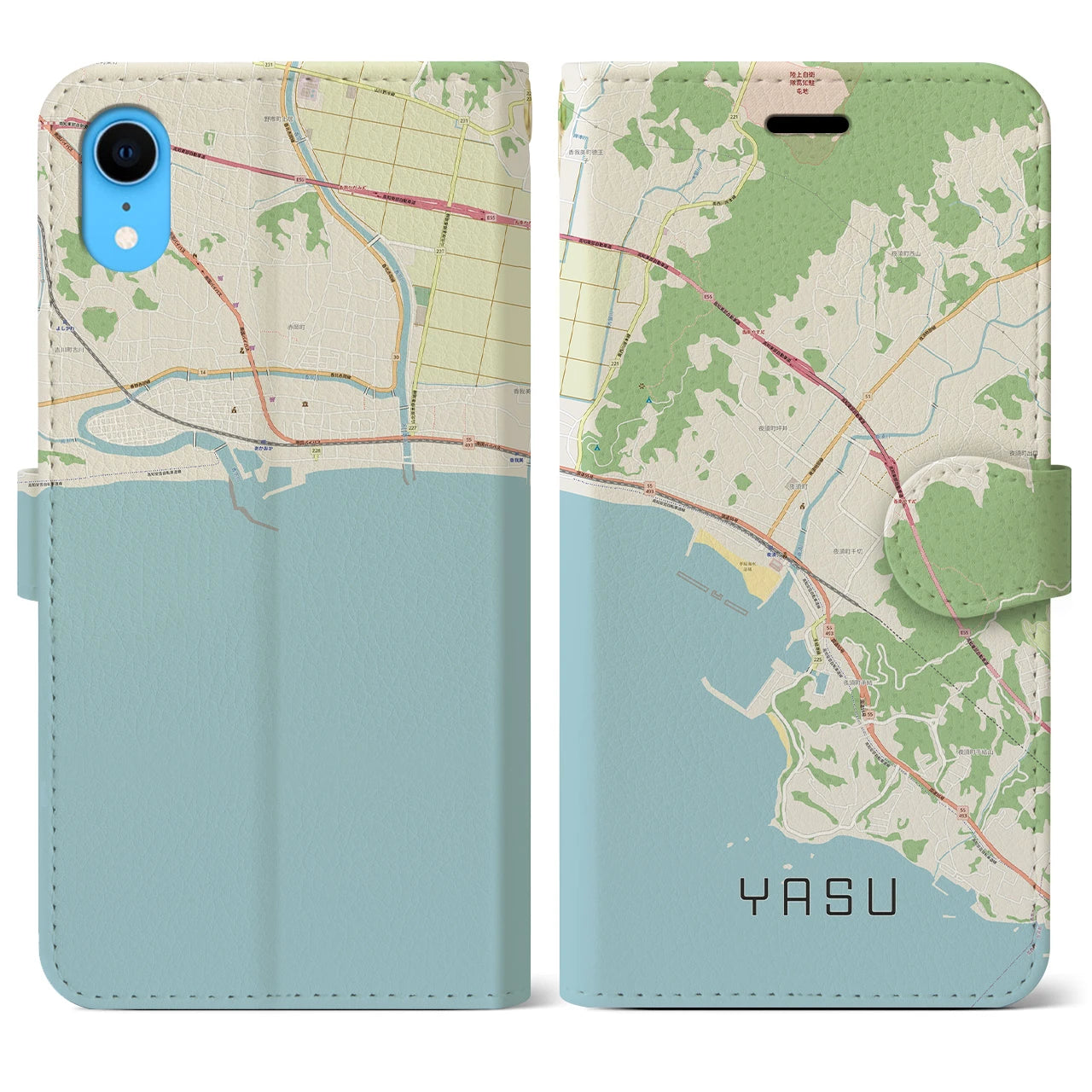 【夜須（高知県）】地図柄iPhoneケース（手帳両面タイプ・ナチュラル）iPhone XR 用