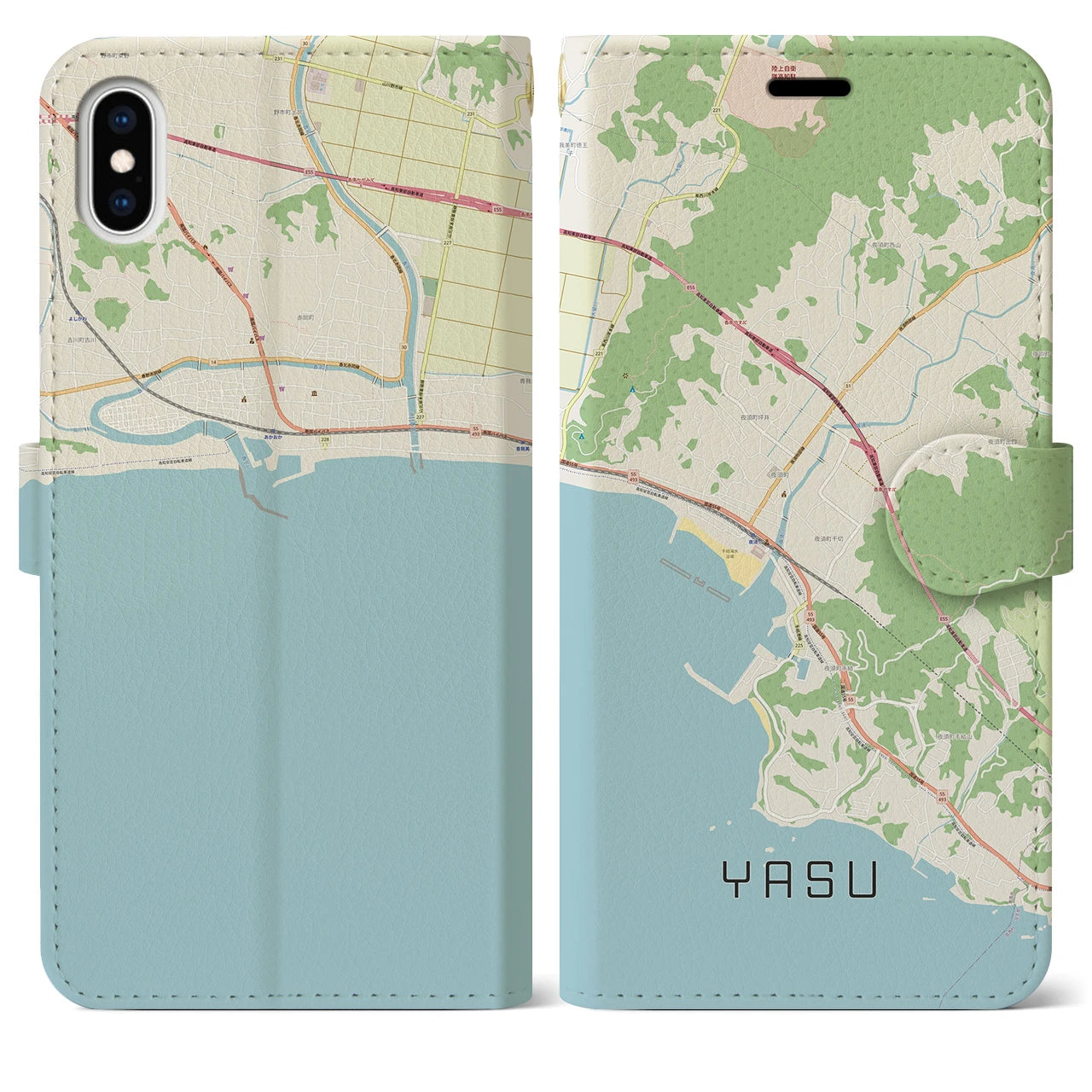 【夜須（高知県）】地図柄iPhoneケース（手帳両面タイプ・ナチュラル）iPhone XS Max 用