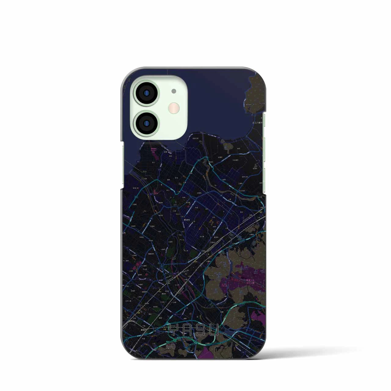 【野洲】地図柄iPhoneケース（バックカバータイプ・ブラック）iPhone 12 mini 用