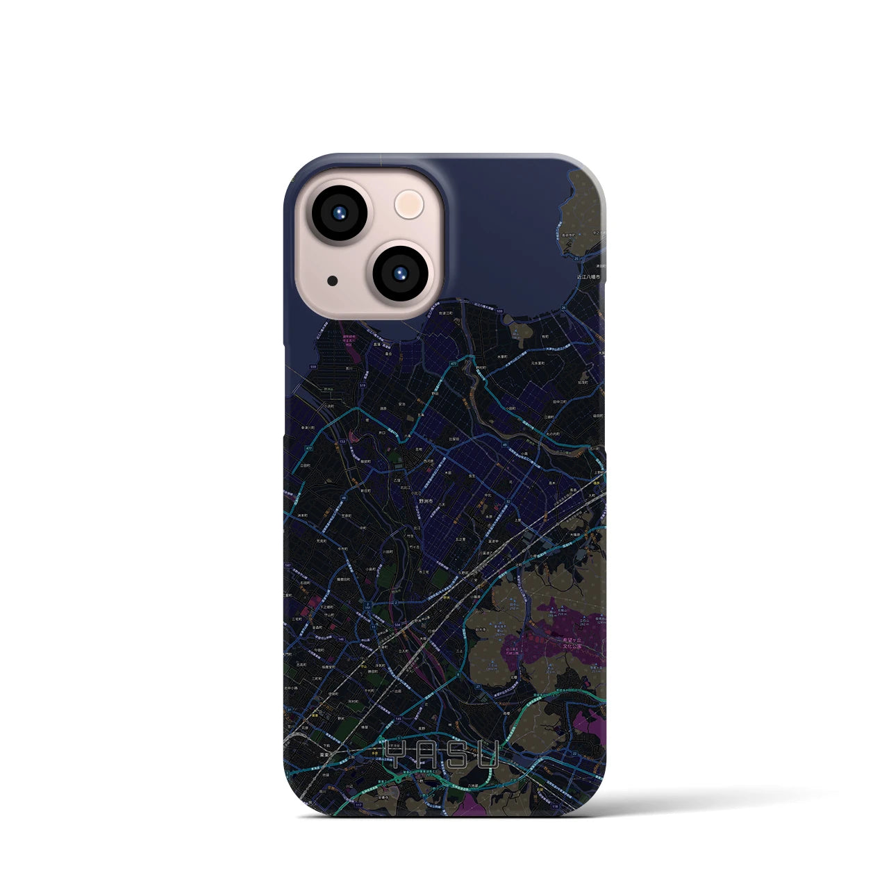 【野洲】地図柄iPhoneケース（バックカバータイプ・ブラック）iPhone 13 mini 用