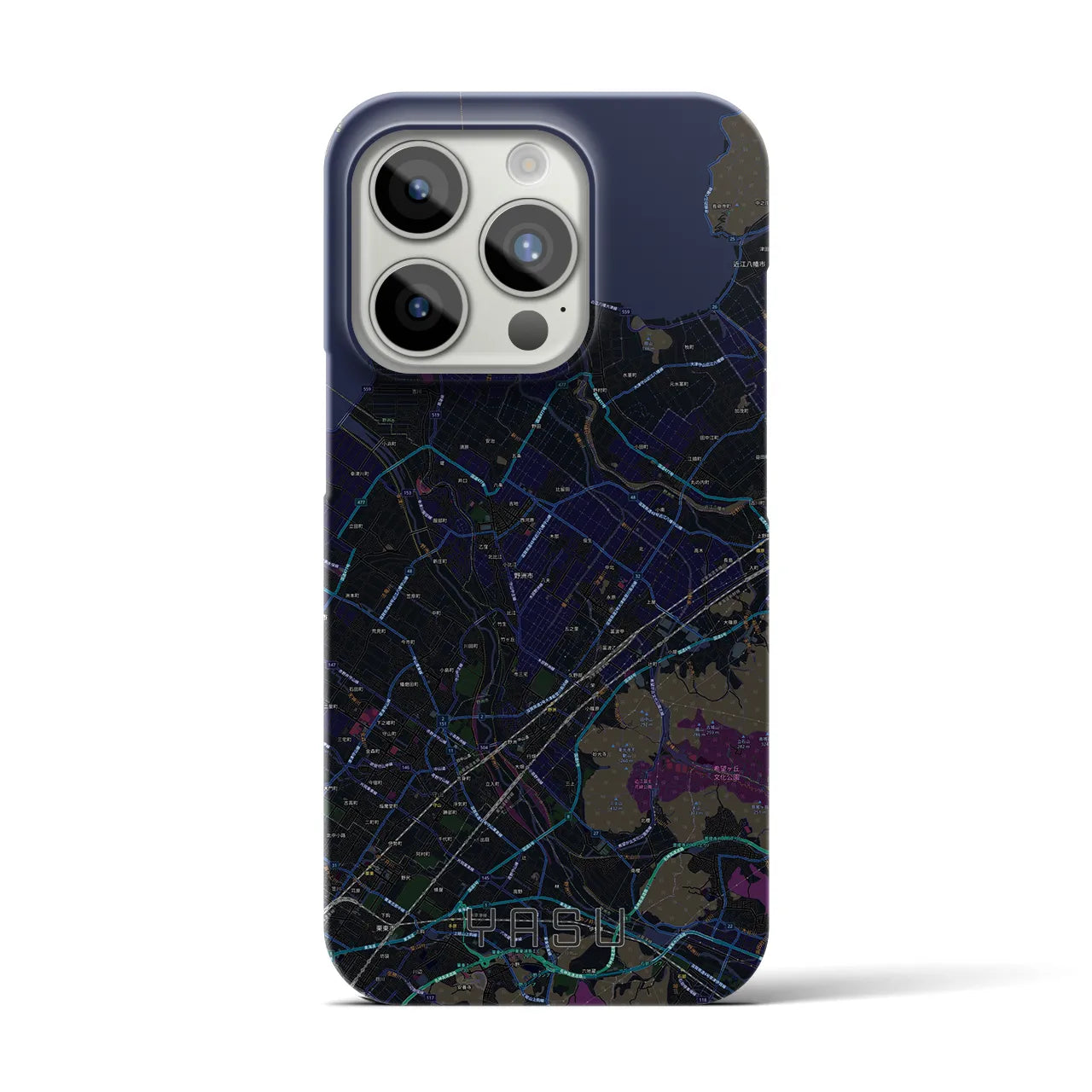 【野洲】地図柄iPhoneケース（バックカバータイプ・ブラック）iPhone 15 Pro 用