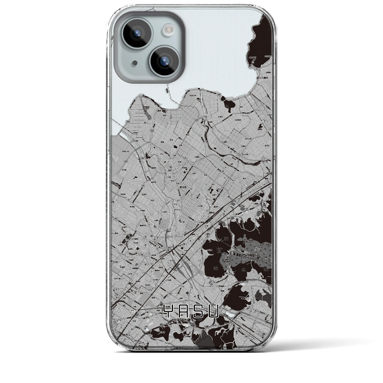 【野洲】地図柄iPhoneケース（クリアタイプ・モノトーン）iPhone 15 Plus 用