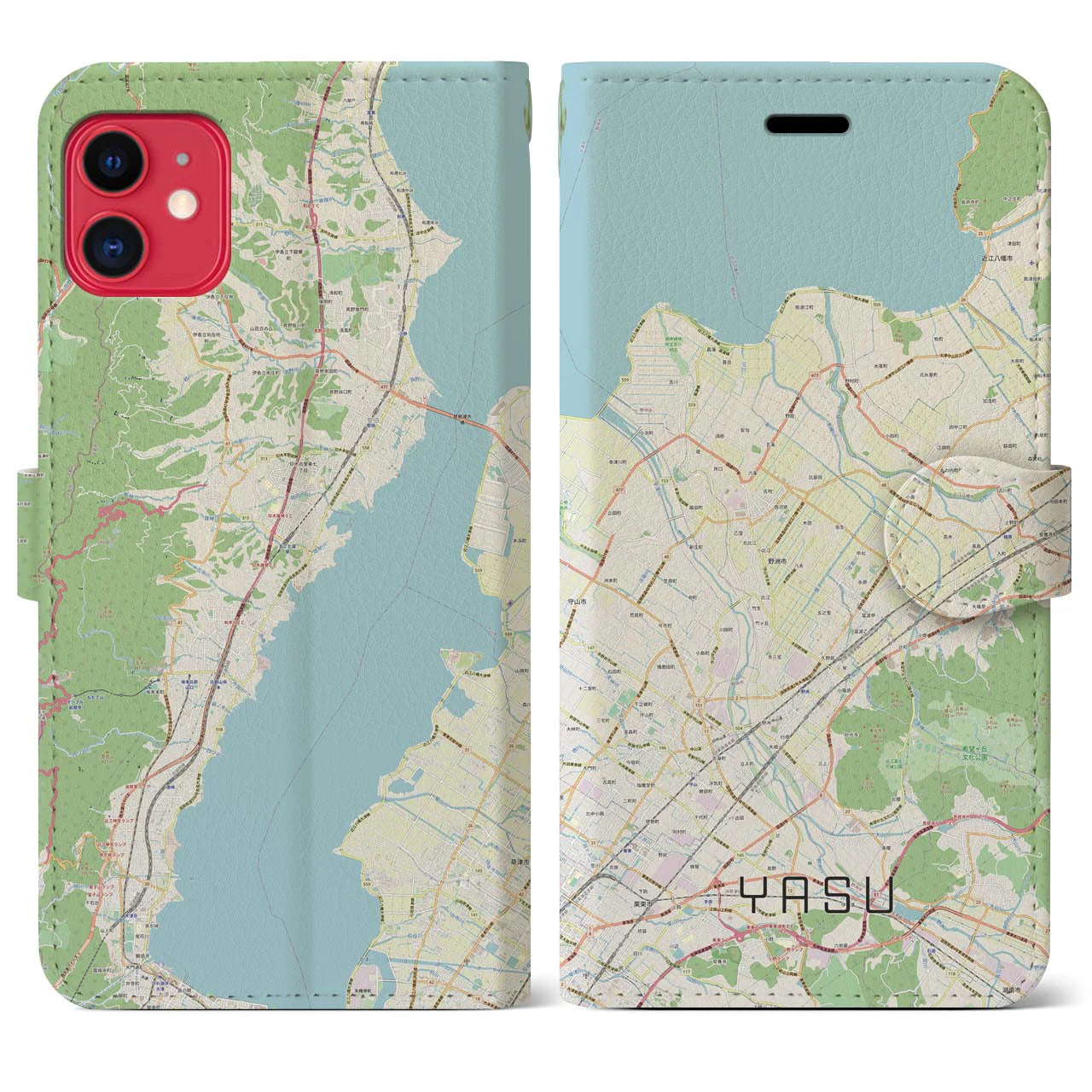 【野洲】地図柄iPhoneケース（手帳両面タイプ・ナチュラル）iPhone 11 用