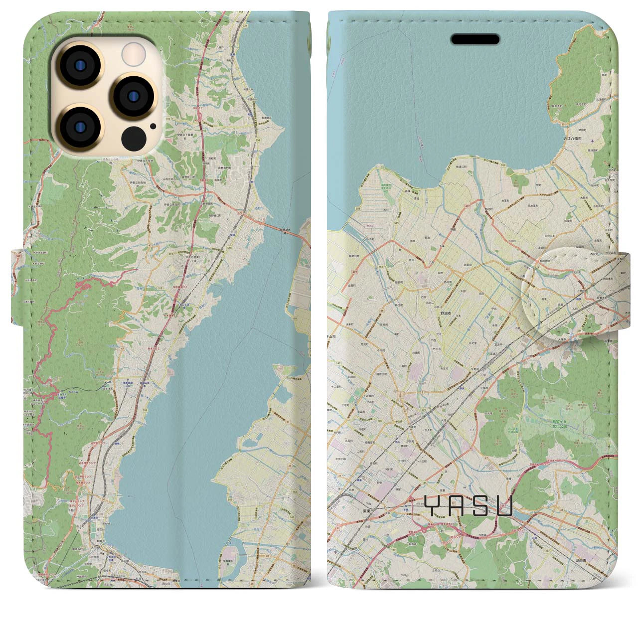 【野洲】地図柄iPhoneケース（手帳両面タイプ・ナチュラル）iPhone 12 Pro Max 用