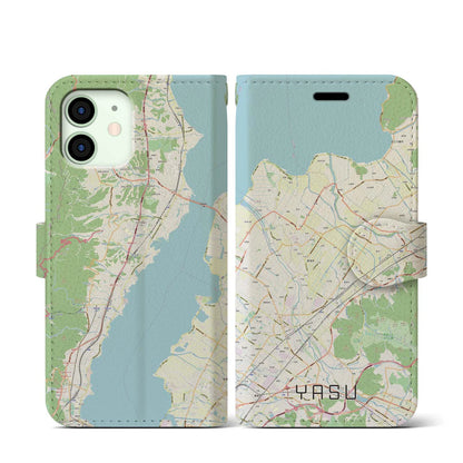 【野洲（滋賀県）】地図柄iPhoneケース（手帳タイプ）ナチュラル・iPhone 12 mini 用