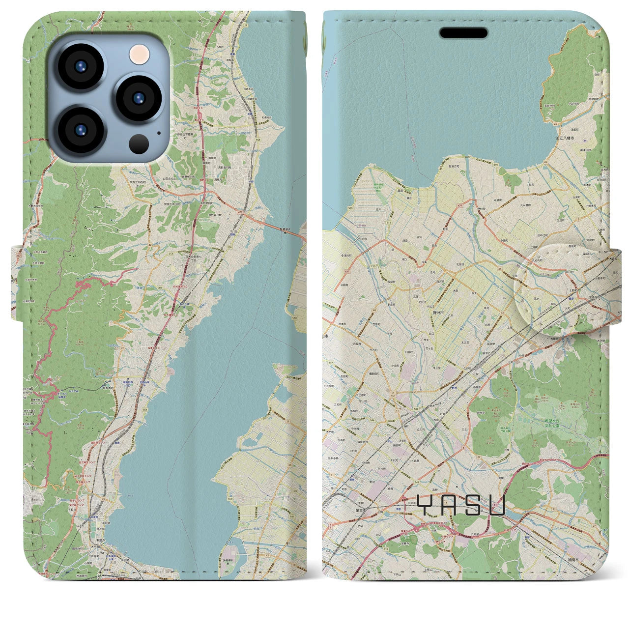 【野洲】地図柄iPhoneケース（手帳両面タイプ・ナチュラル）iPhone 13 Pro Max 用