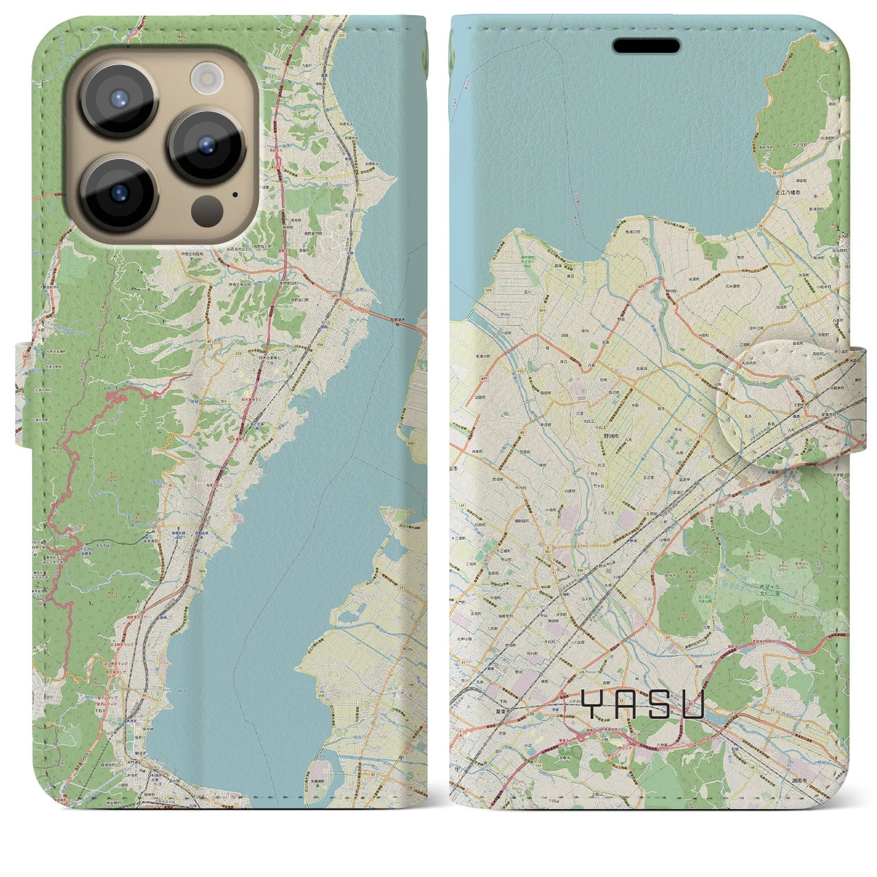【野洲】地図柄iPhoneケース（手帳両面タイプ・ナチュラル）iPhone 14 Pro Max 用