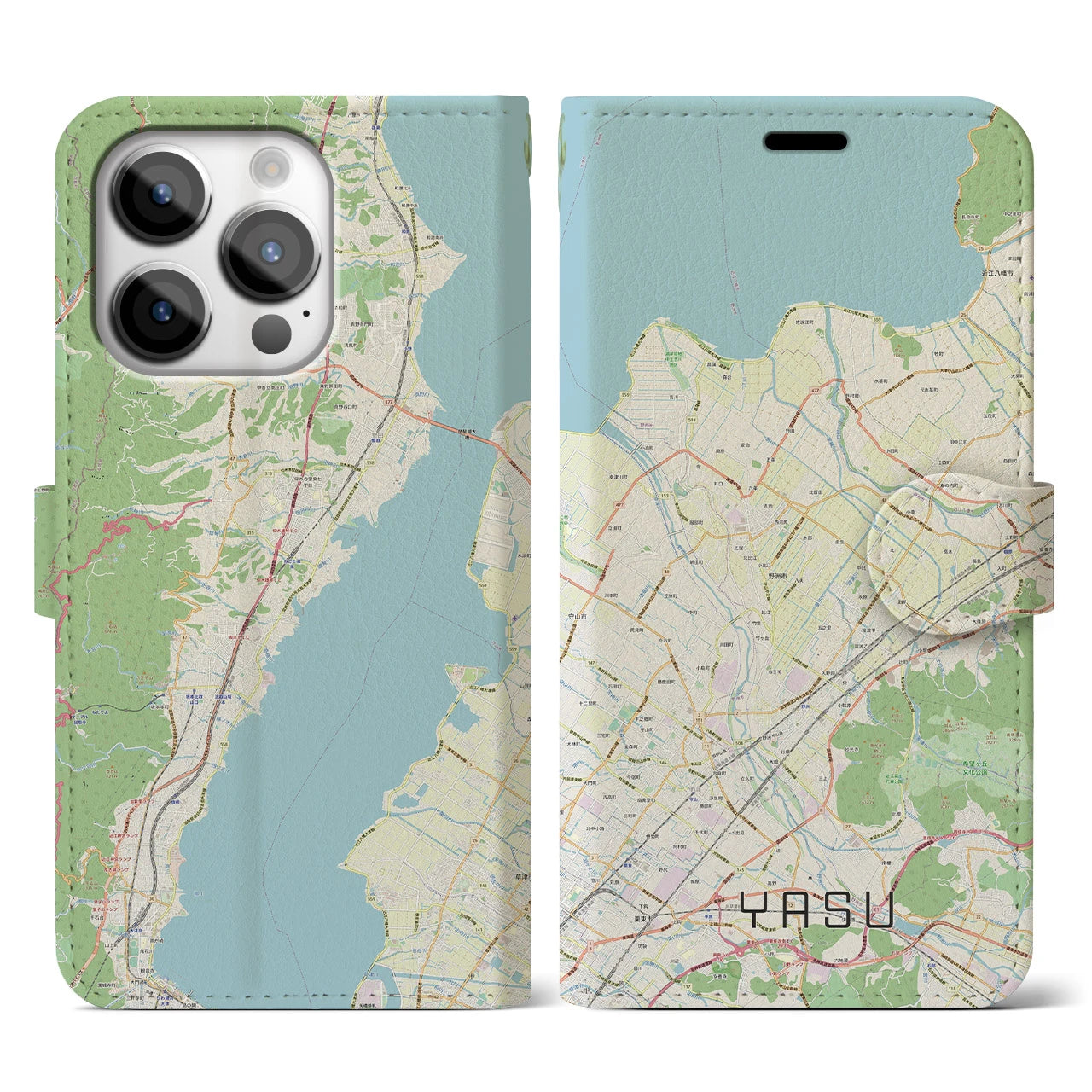 【野洲】地図柄iPhoneケース（手帳両面タイプ・ナチュラル）iPhone 14 Pro 用