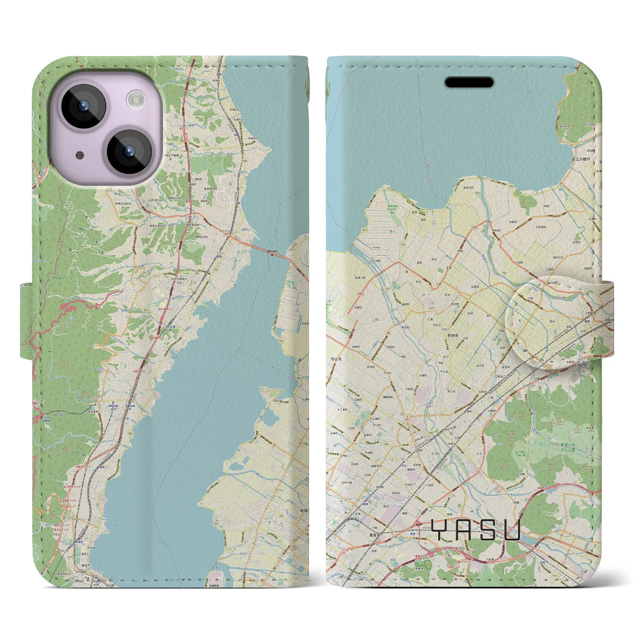【野洲】地図柄iPhoneケース（手帳両面タイプ・ナチュラル）iPhone 14 用