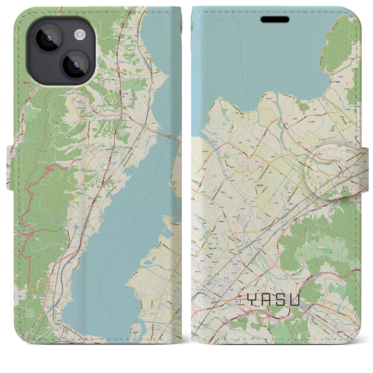 【野洲】地図柄iPhoneケース（手帳両面タイプ・ナチュラル）iPhone 14 Plus 用