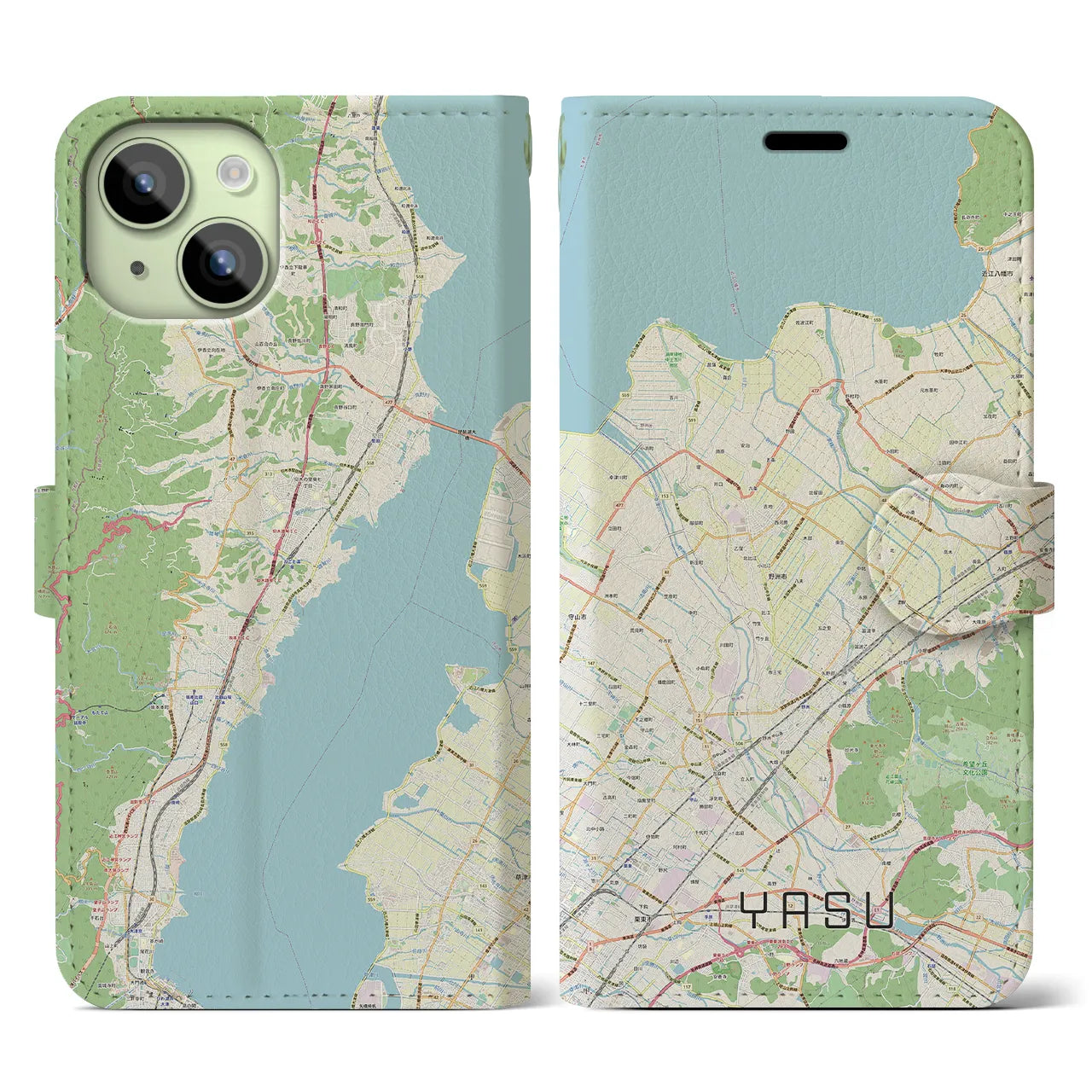【野洲】地図柄iPhoneケース（手帳両面タイプ・ナチュラル）iPhone 15 用