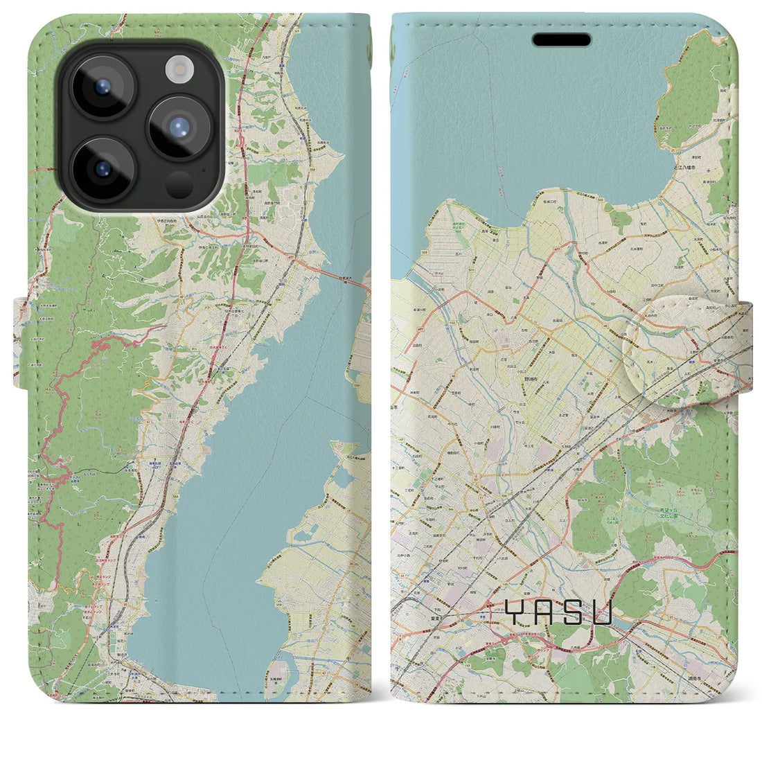 【野洲】地図柄iPhoneケース（手帳両面タイプ・ナチュラル）iPhone 15 Pro Max 用