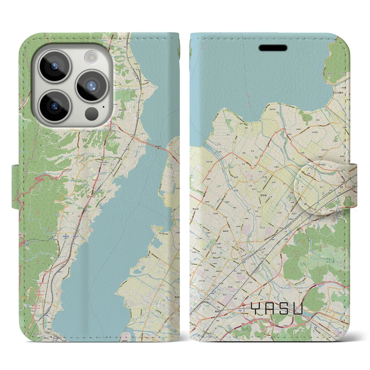 【野洲】地図柄iPhoneケース（手帳両面タイプ・ナチュラル）iPhone 15 Pro 用