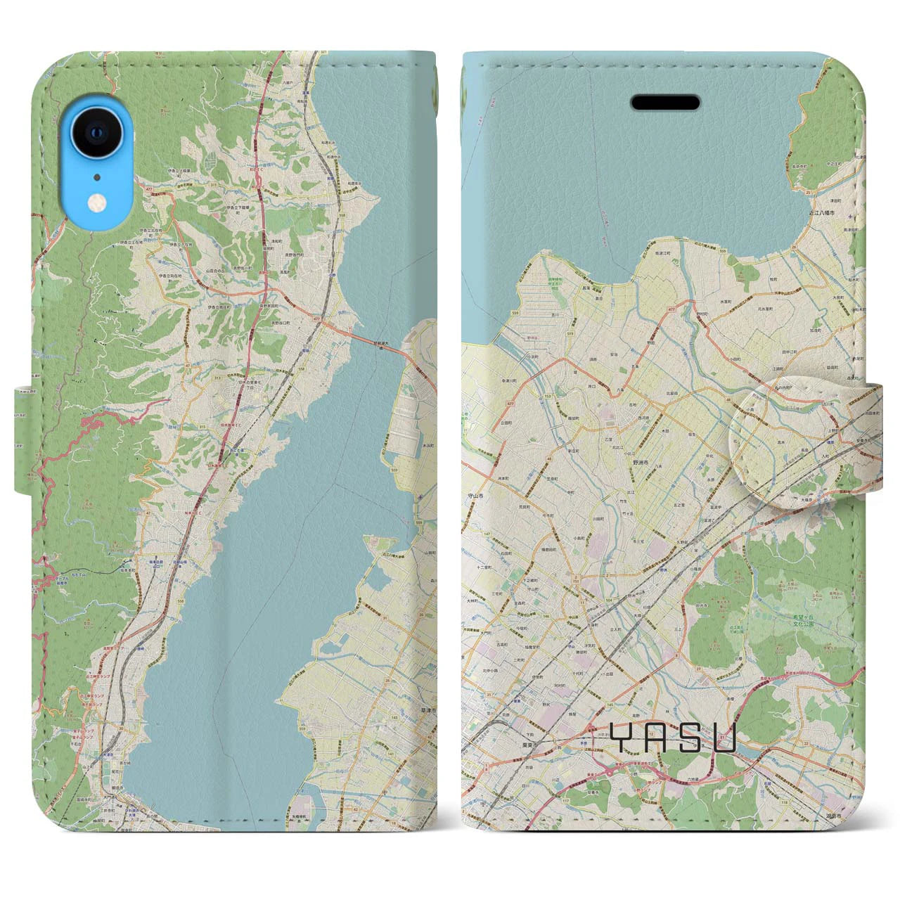 【野洲】地図柄iPhoneケース（手帳両面タイプ・ナチュラル）iPhone XR 用