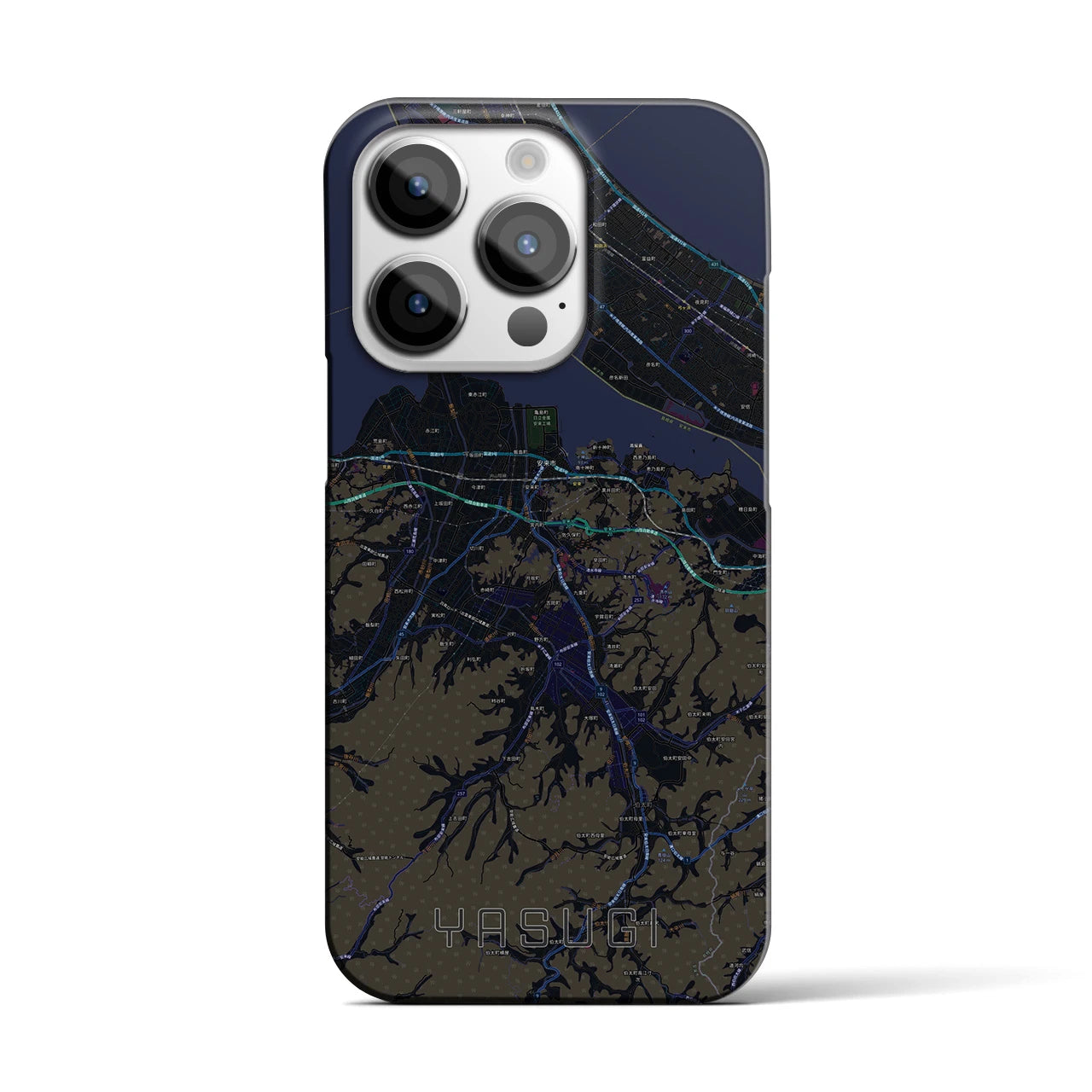 【安来】地図柄iPhoneケース（バックカバータイプ・ブラック）iPhone 14 Pro 用