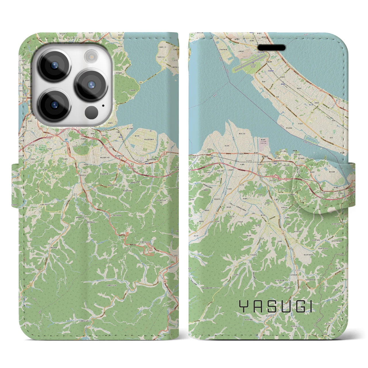 【安来】地図柄iPhoneケース（手帳両面タイプ・ナチュラル）iPhone 14 Pro 用