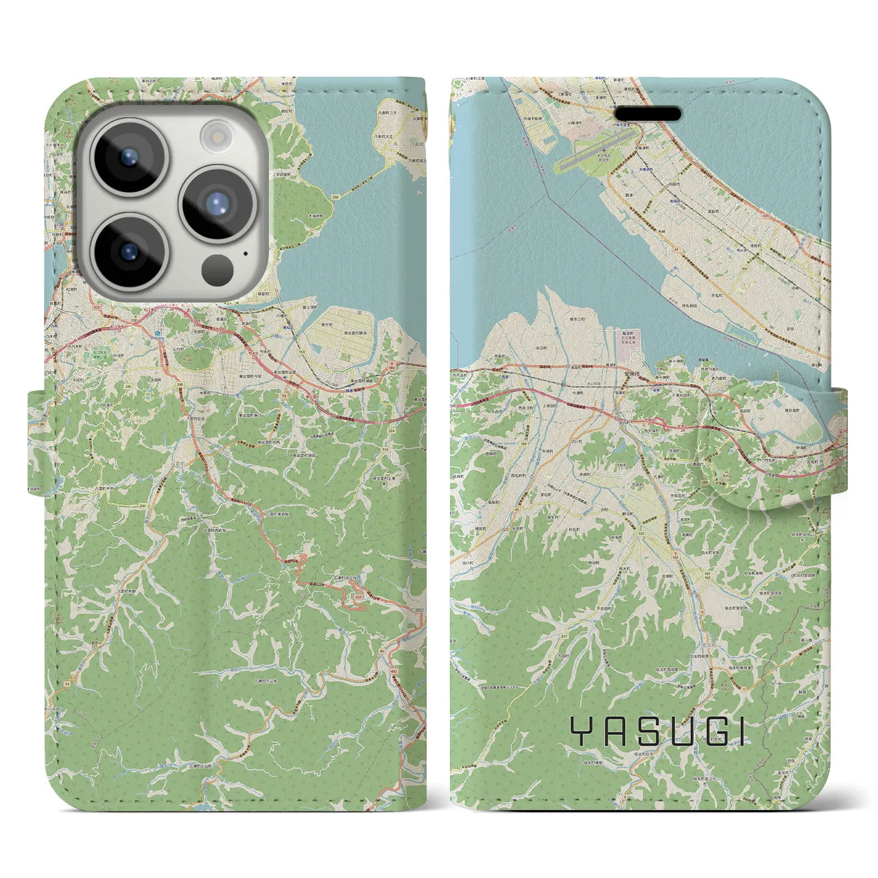 【安来】地図柄iPhoneケース（手帳両面タイプ・ナチュラル）iPhone 15 Pro 用