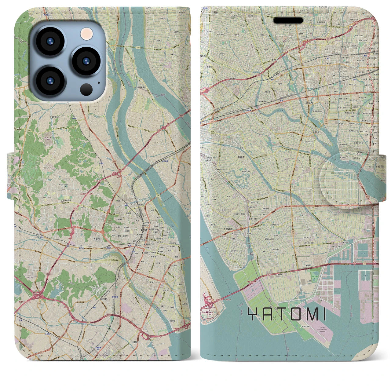【弥富】地図柄iPhoneケース（手帳両面タイプ・ナチュラル）iPhone 13 Pro Max 用